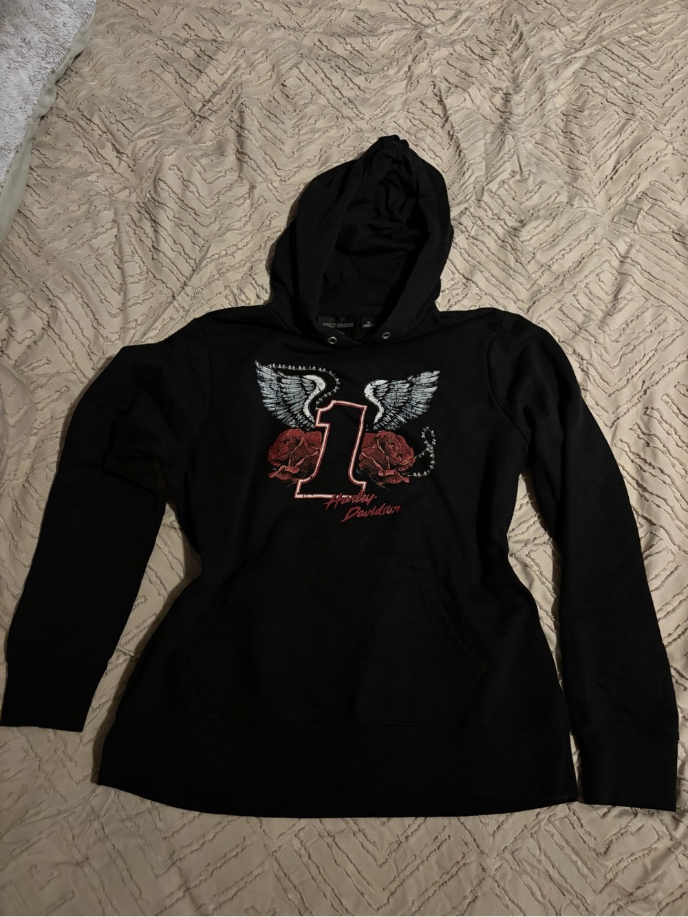 Harley-Davidson Black Hoodie with Winged '1' and Rose Graphic